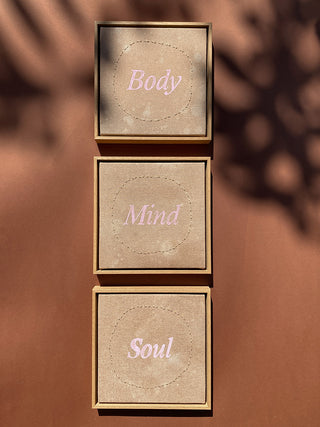 BODY, MIND & SOUL - 3 ORIGINAL LEINWÄNDE AUS CANVAS 20 x 20 CM - MIT SCHATTENFUGENRAHMEN